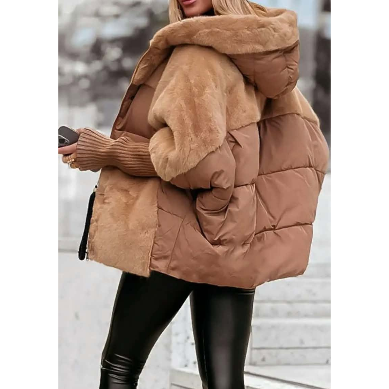 Veste Matelassée Bimatière Effet Fourrure et Tricot