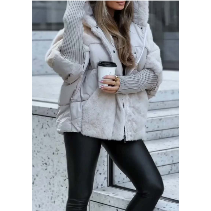 Veste Matelassée Bimatière Effet Fourrure et Tricot
