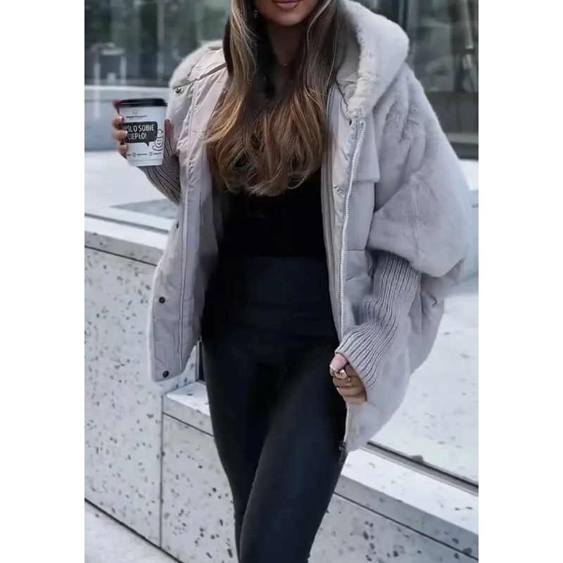 Veste Matelassée Bimatière Effet Fourrure et Tricot