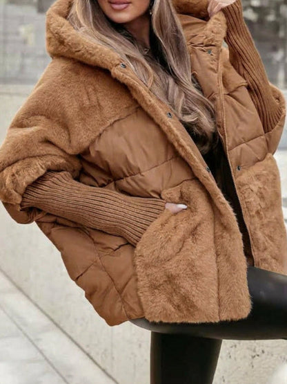 Veste Matelassée Bimatière Effet Fourrure et Tricot