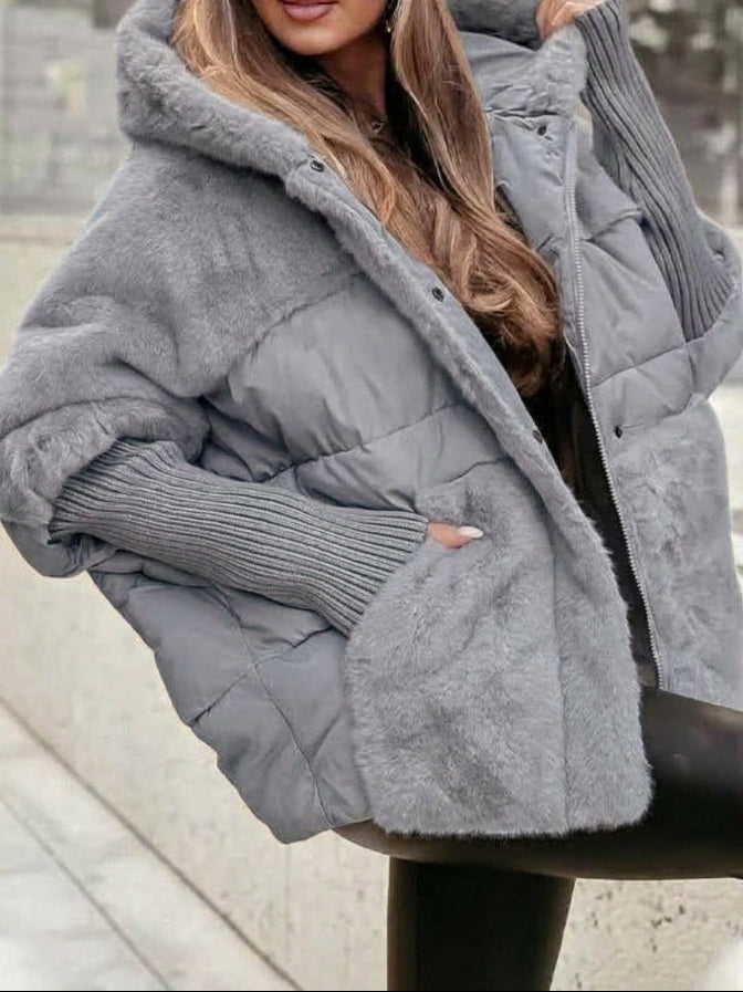 Veste Matelassée Bimatière Effet Fourrure et Tricot