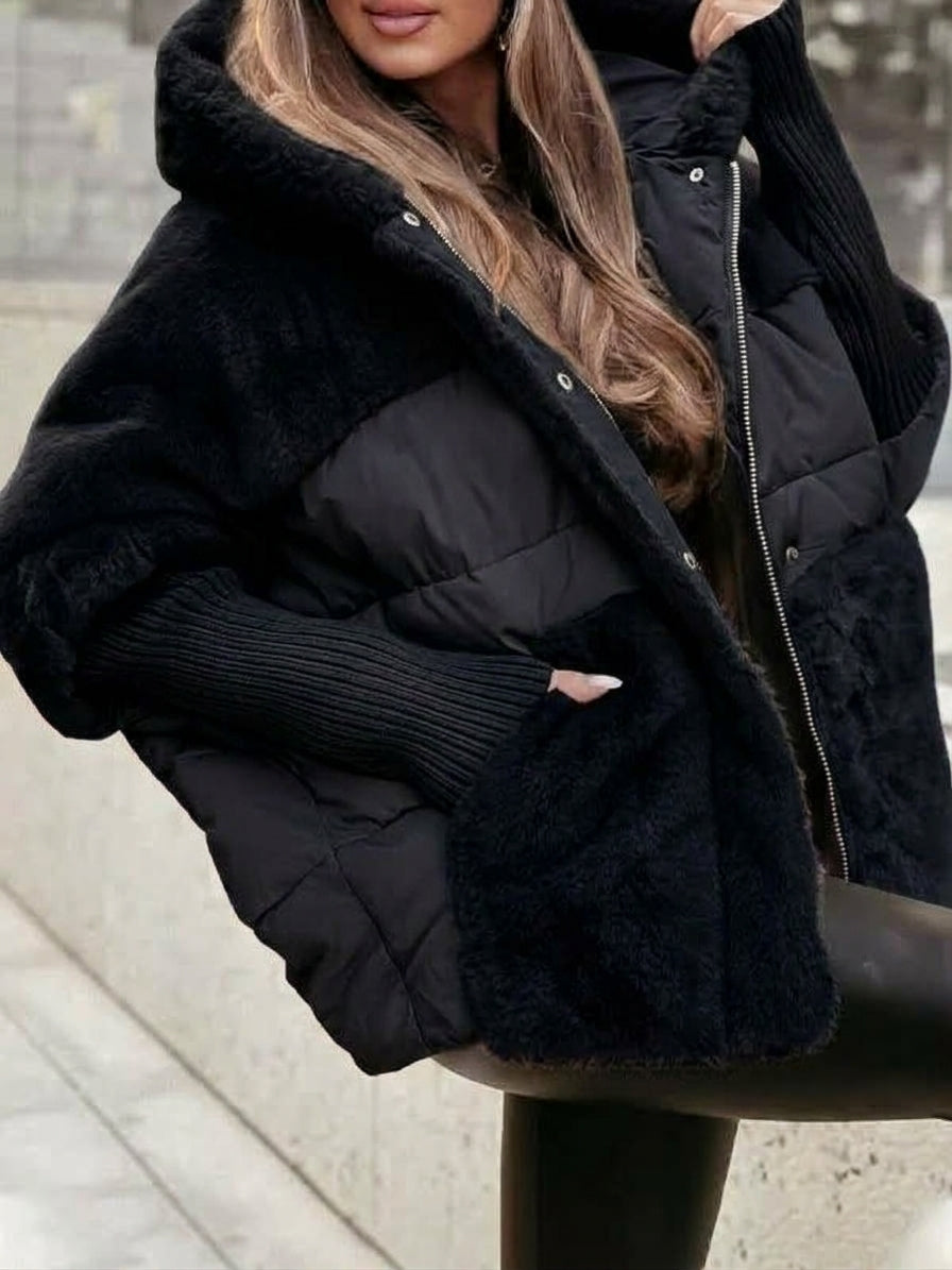 Veste Matelassée Bimatière Effet Fourrure et Tricot