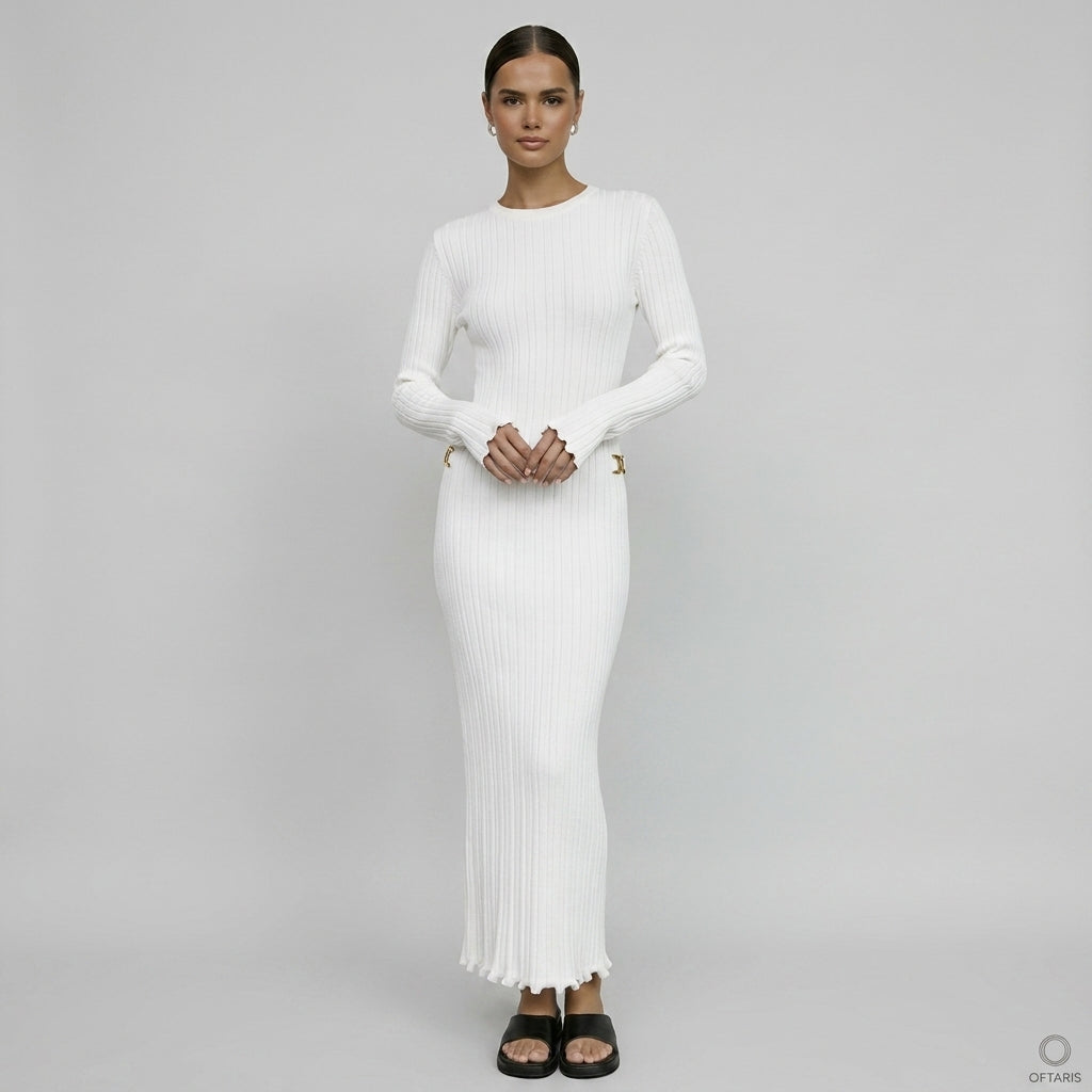 Robe Maxi Côtelée Dos Nu – Manches Longues
