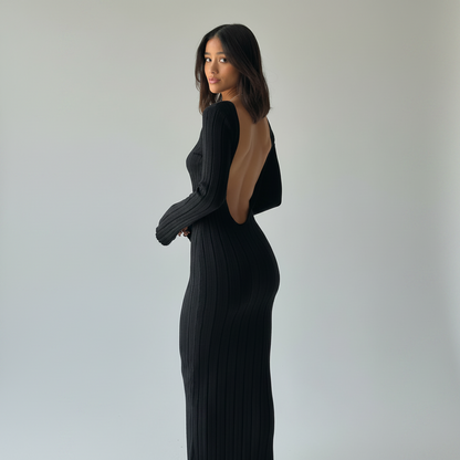 Robe Maxi Côtelée Dos Nu – Manches Longues