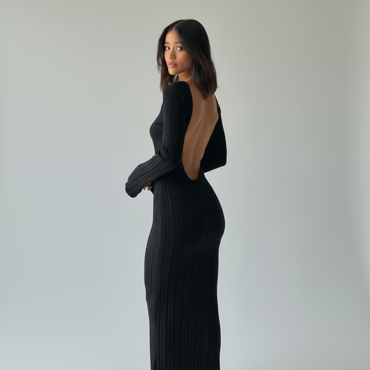 Robe Maxi Côtelée Dos Nu – Manches Longues